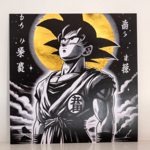 Stampa artistica di Goku di Dragonball con dettagli in foglia oro su carta Fine Art Giclée – poster decorativo da collezione ispirato ai supereroi, realizzato a mano in Italia